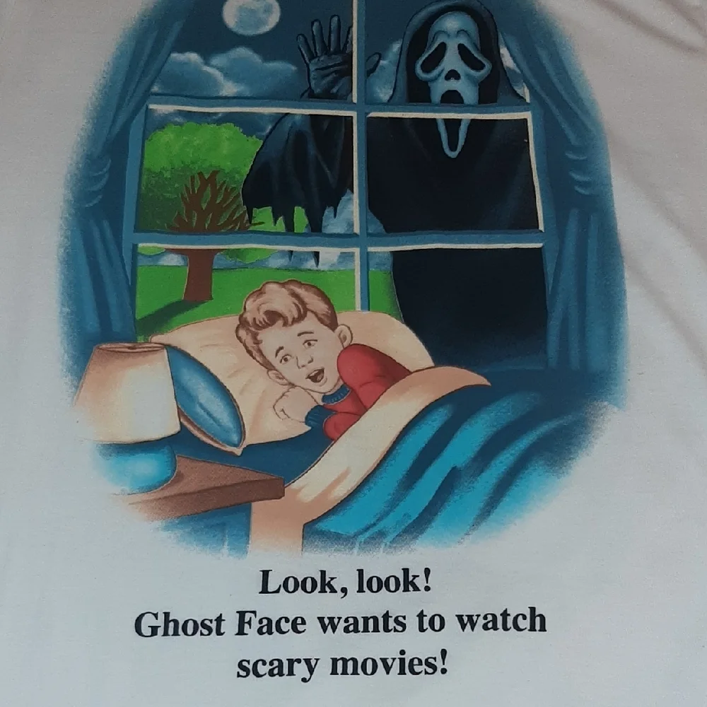 'GHOST FACE'๐ฑ"Look,look" White Graphic Horror Tee in EUC 100% Cotton Sz L - Picture 7 of 10